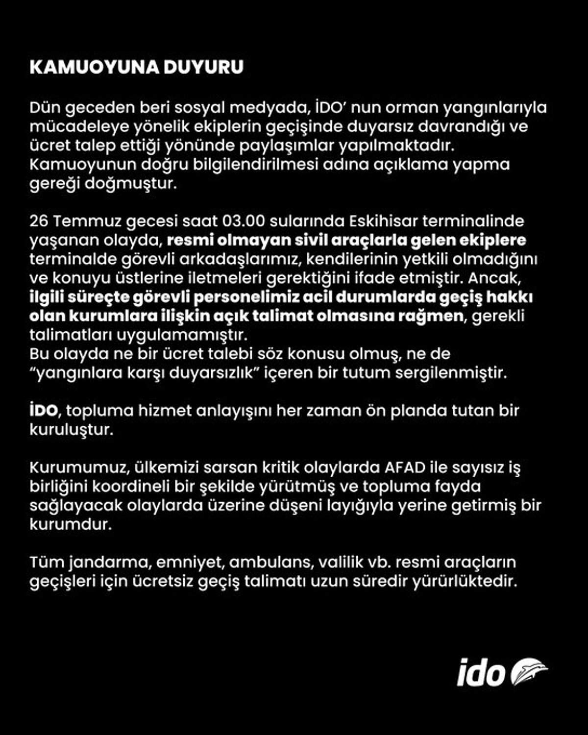 İdo’dan Açıklama Geldi Orman Yangınına Müdahaleye Giden Ekipten Vapur Parası İstendi İddiası!