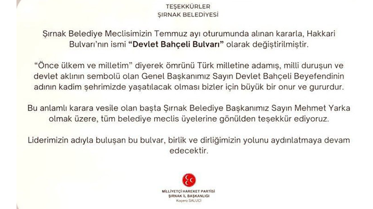 Şırnak’ta Hakkari Bulvarı’nın Adı “Devlet Bahçeli Bulvarı” Olarak Değiştirildi