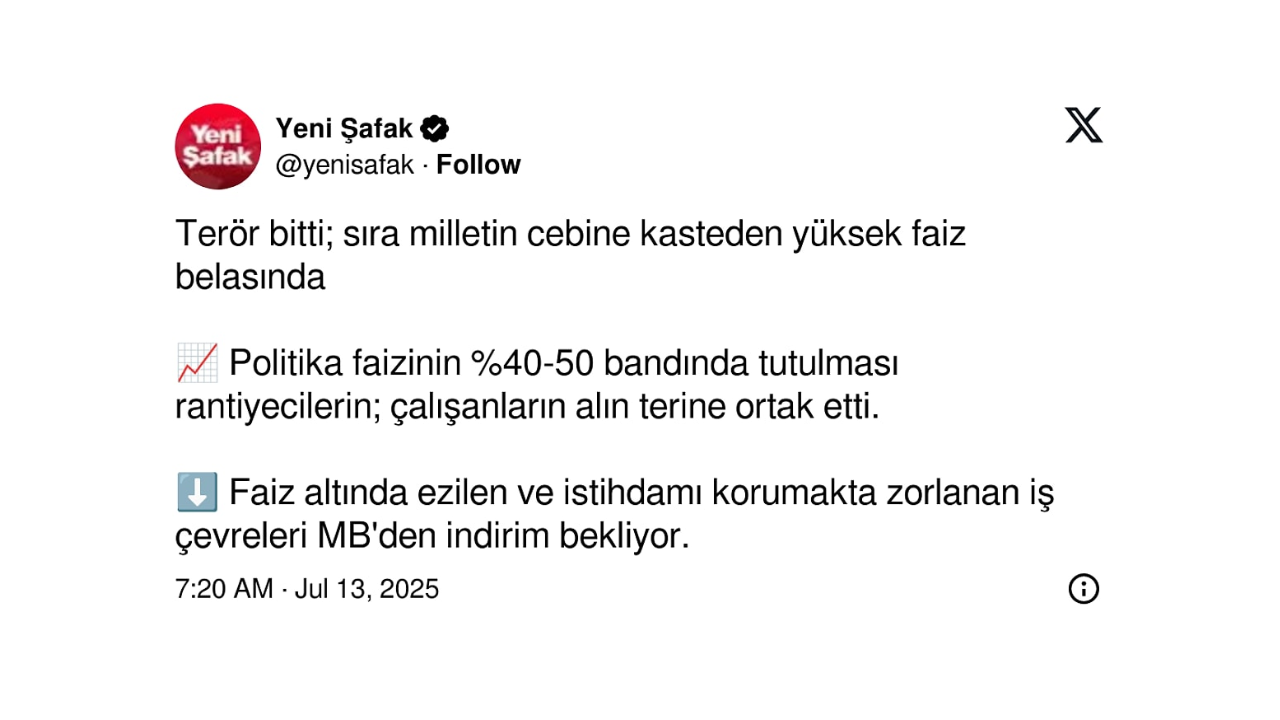 Yeni Şafak’tan Yüksek Faize Sert Çıkış “Bu Bela Bitmeli”