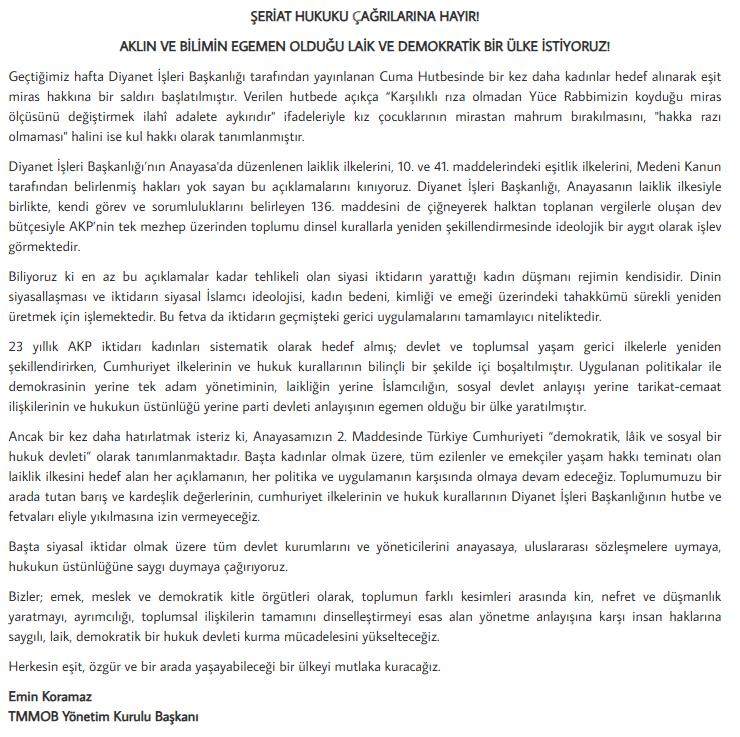 Tmmob’den Diyanet'in Cuma Hutbesi'ne Tepki %22Şeriat Hukuku Çağrılarına Hayır”