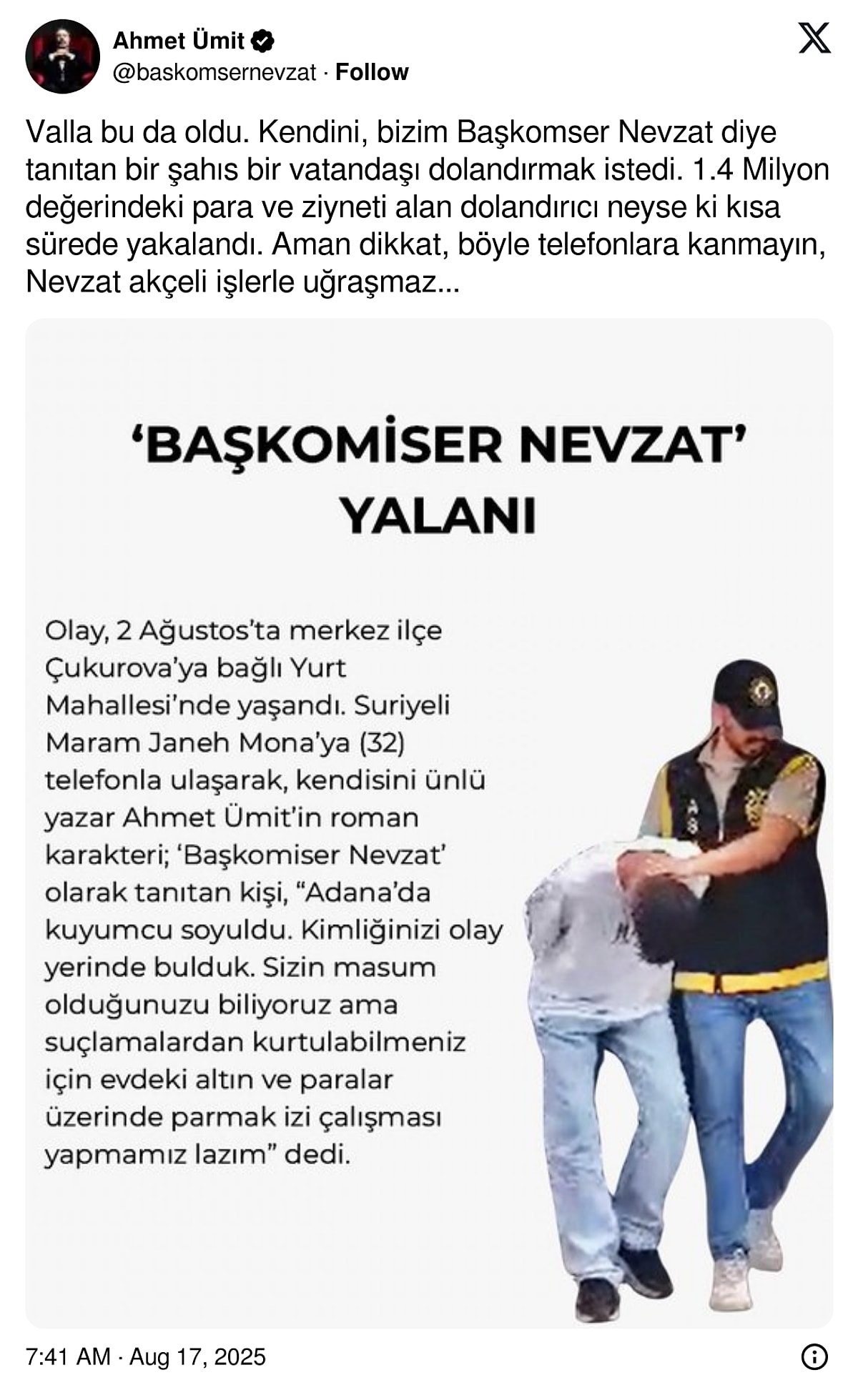 Yazar Ahmet Ümit Duyurdu %22Başkomiser Nevzat%22 Kılığında Dolandırıcılık Girişimi! 1