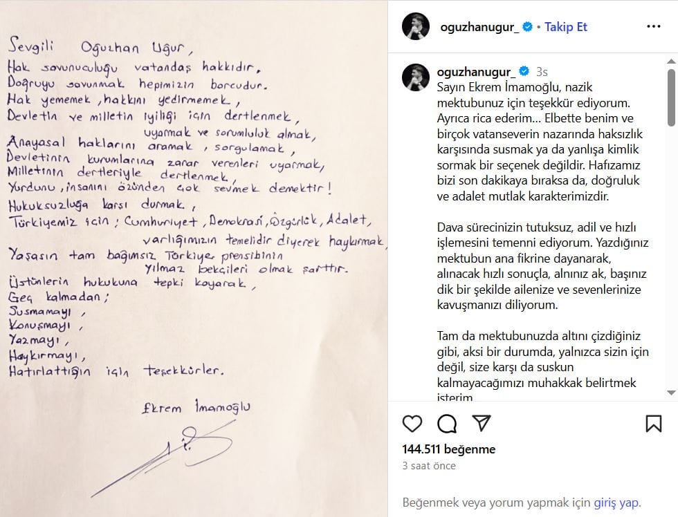 İmamoğlu’ndan Oğuzhan Uğur’a Destek Mektubu