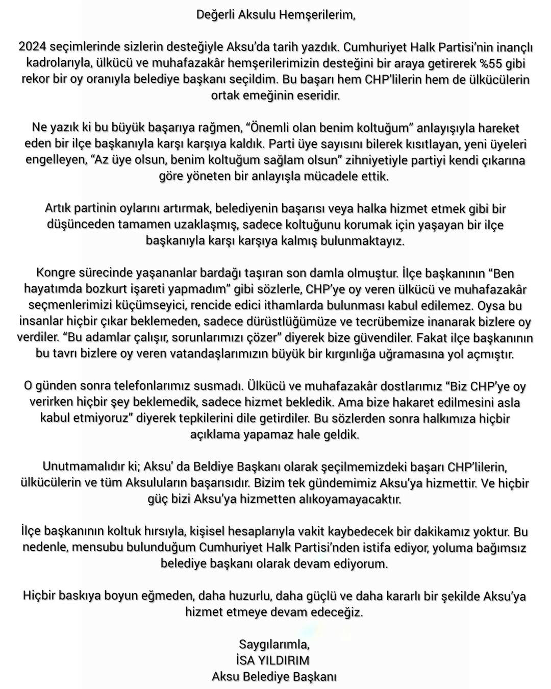 Son Dakika Aksu Belediye Başkanı İsa Yıldırım Chp’den İstifa Etti