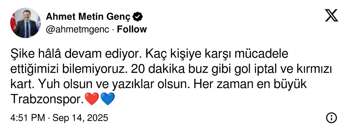 Trabzon Büyükşehir Belediye Başkanı’ndan Fenerbahçe Maçında Tartışma Yaratan Tweet