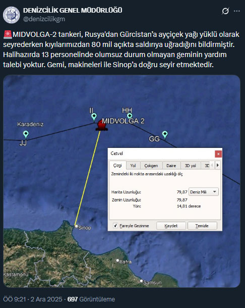 Rusya’dan Gürcistan’a Giden ‘ M I D V O L G A 2’ Tankeri Karadeniz’de Hedef Alındı
