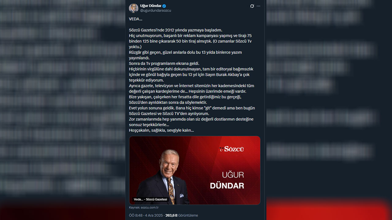 Uğur Dündar Sözcü'ye Veda Etti, Işte Yeni Adresi